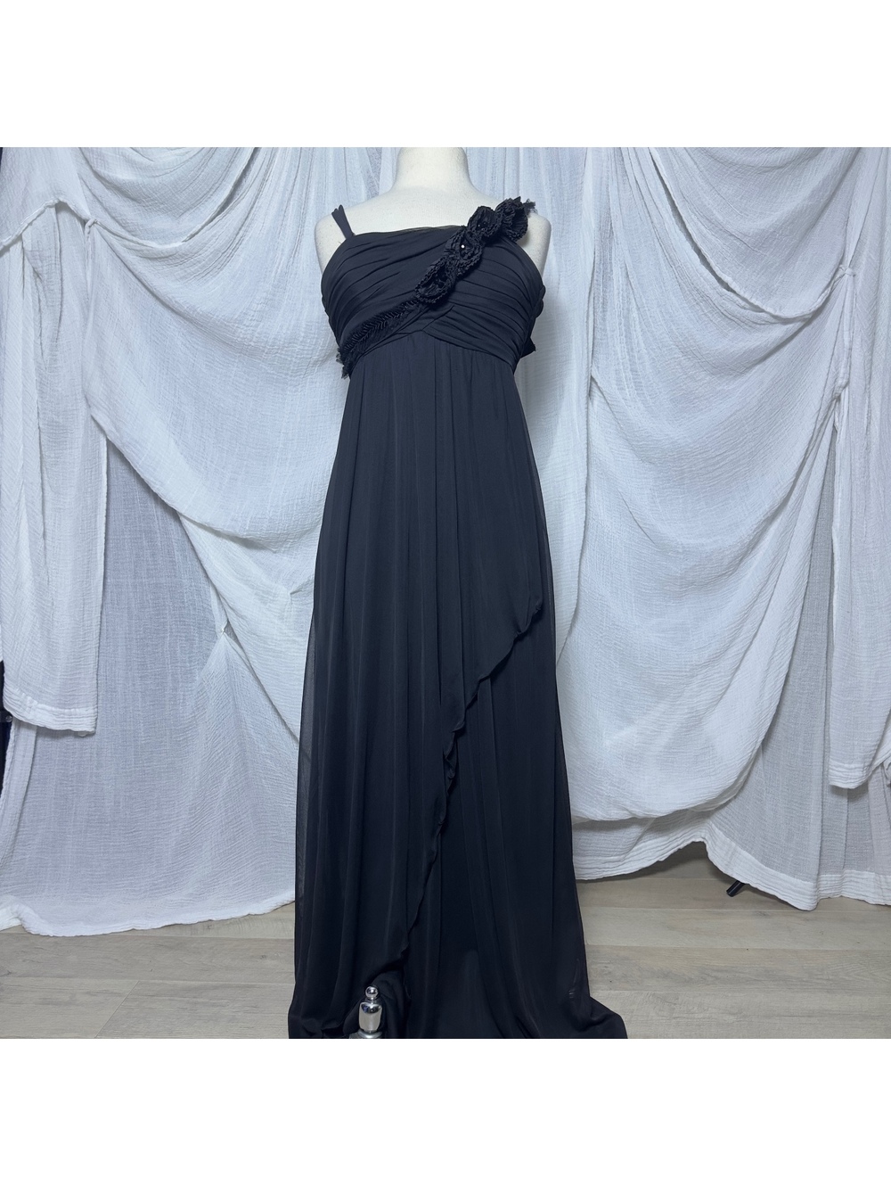 Vintage Whimsygoth Asymetrical Black Maxi Dress with Floral Embellishments